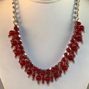 Silver Tone Curb Chain Bib Necklace W/Red Beads & Red & Clear Crystals (NA126)
